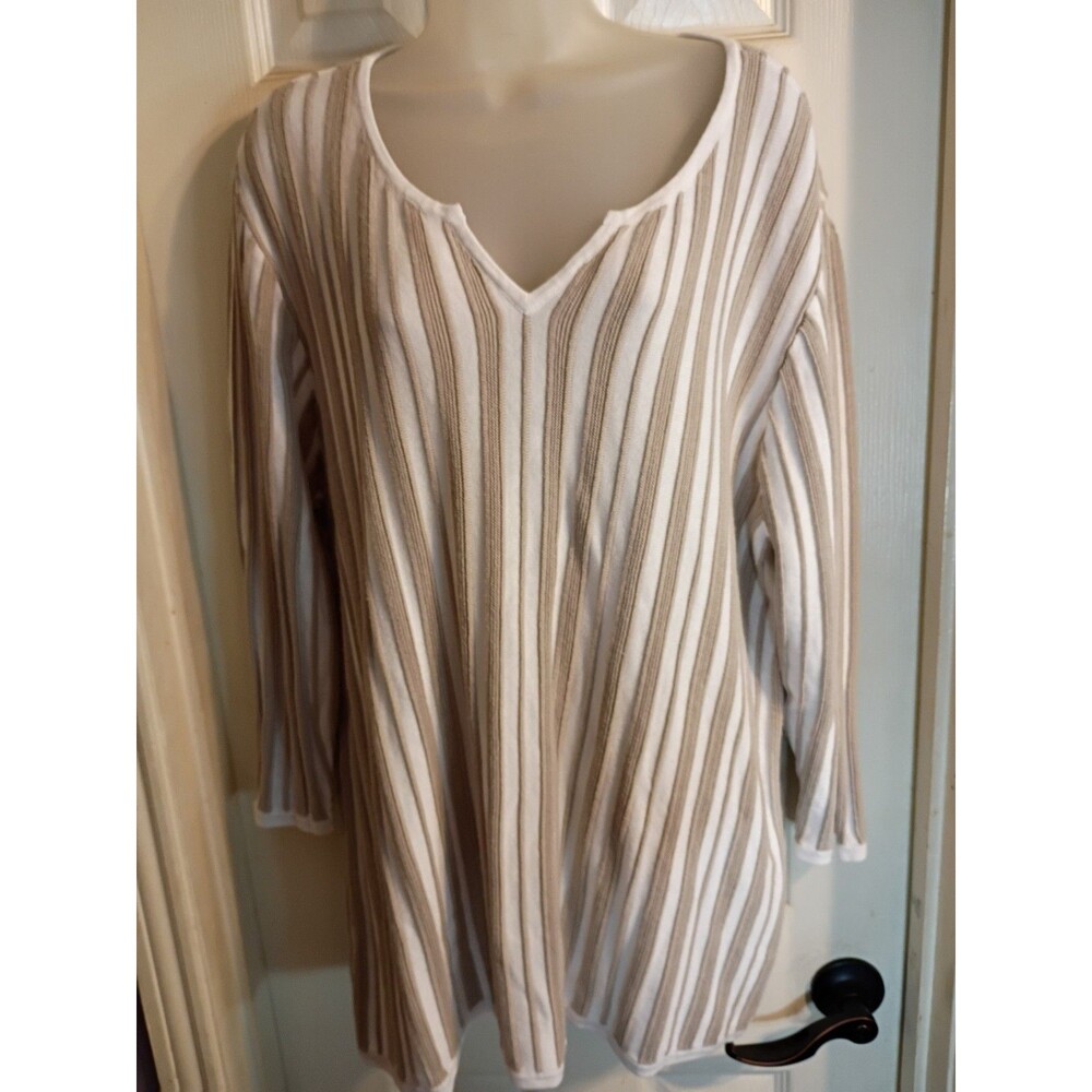 Chicos Vertical Striped Tape Yarn V Neck Pullover Tan White Sz 4 XL Casual...